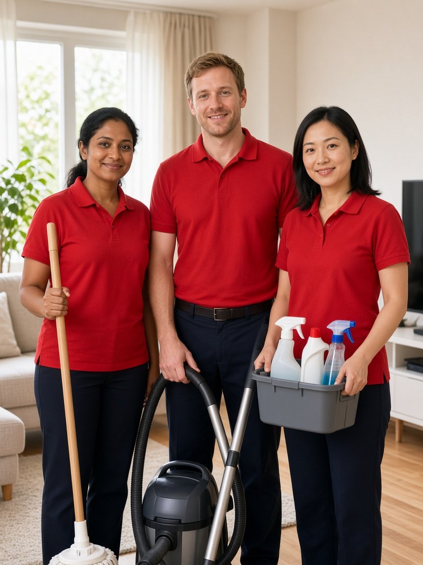 Catchy cleaning team ready in a living room