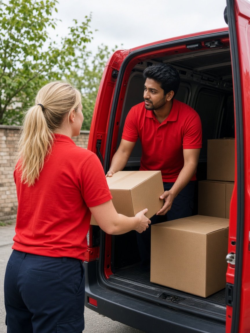 Catchy couriers loading parcels into a van