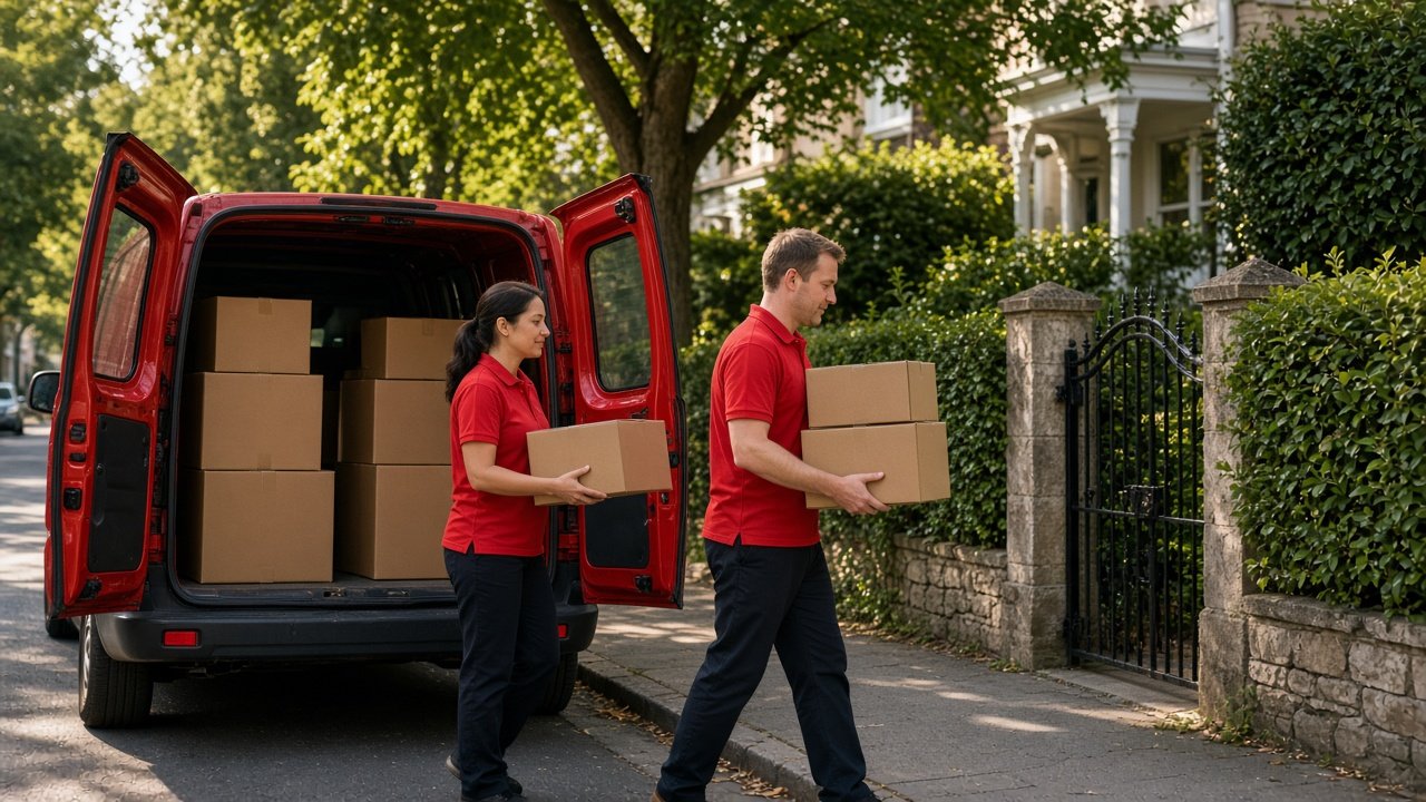 Courier carrying parcels from a van outside a home