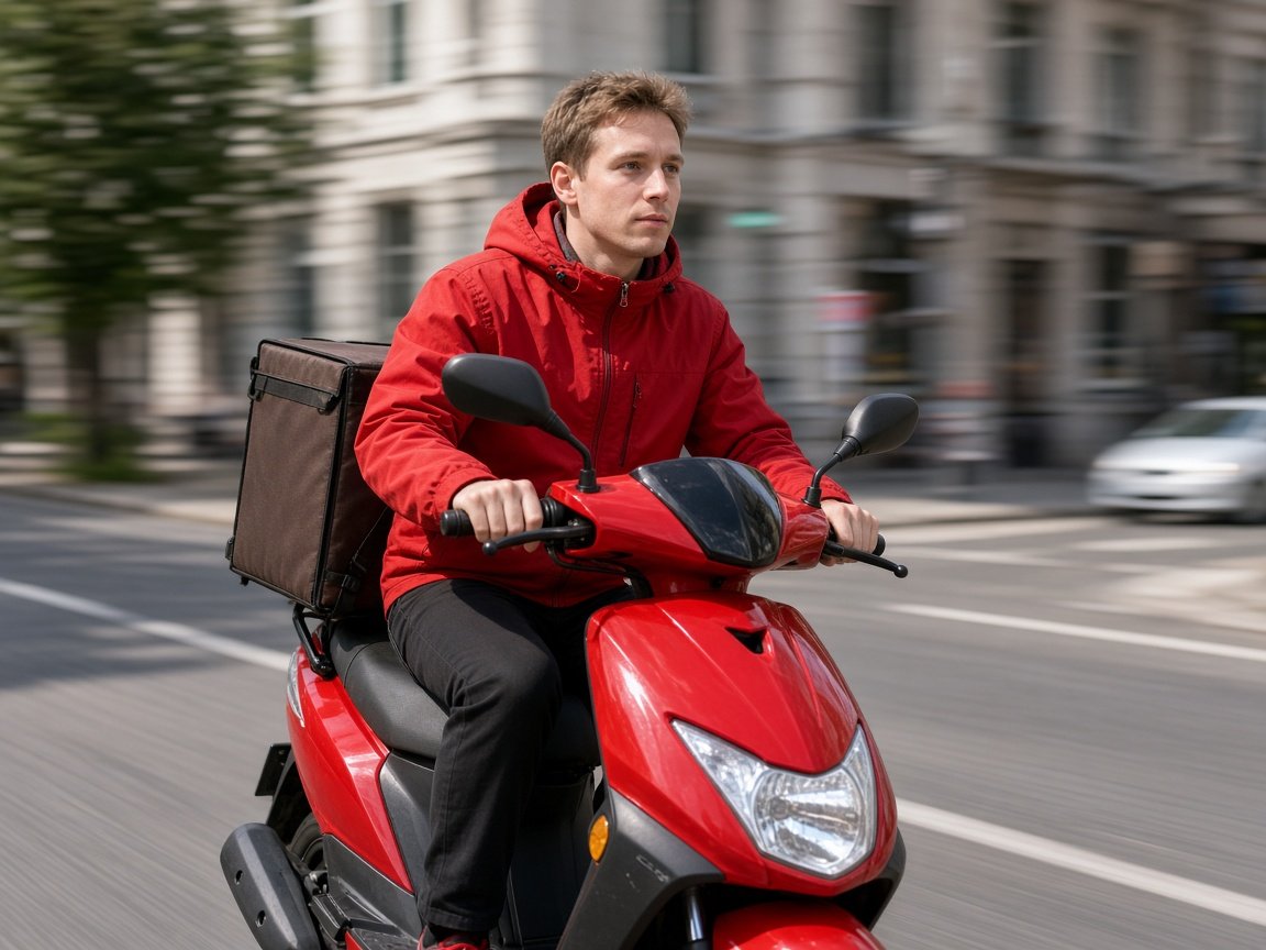 Courier riding through the city with a delivery box
