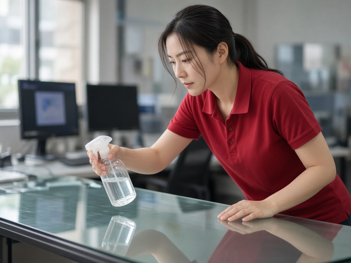 Cleaner spraying a glass office desk